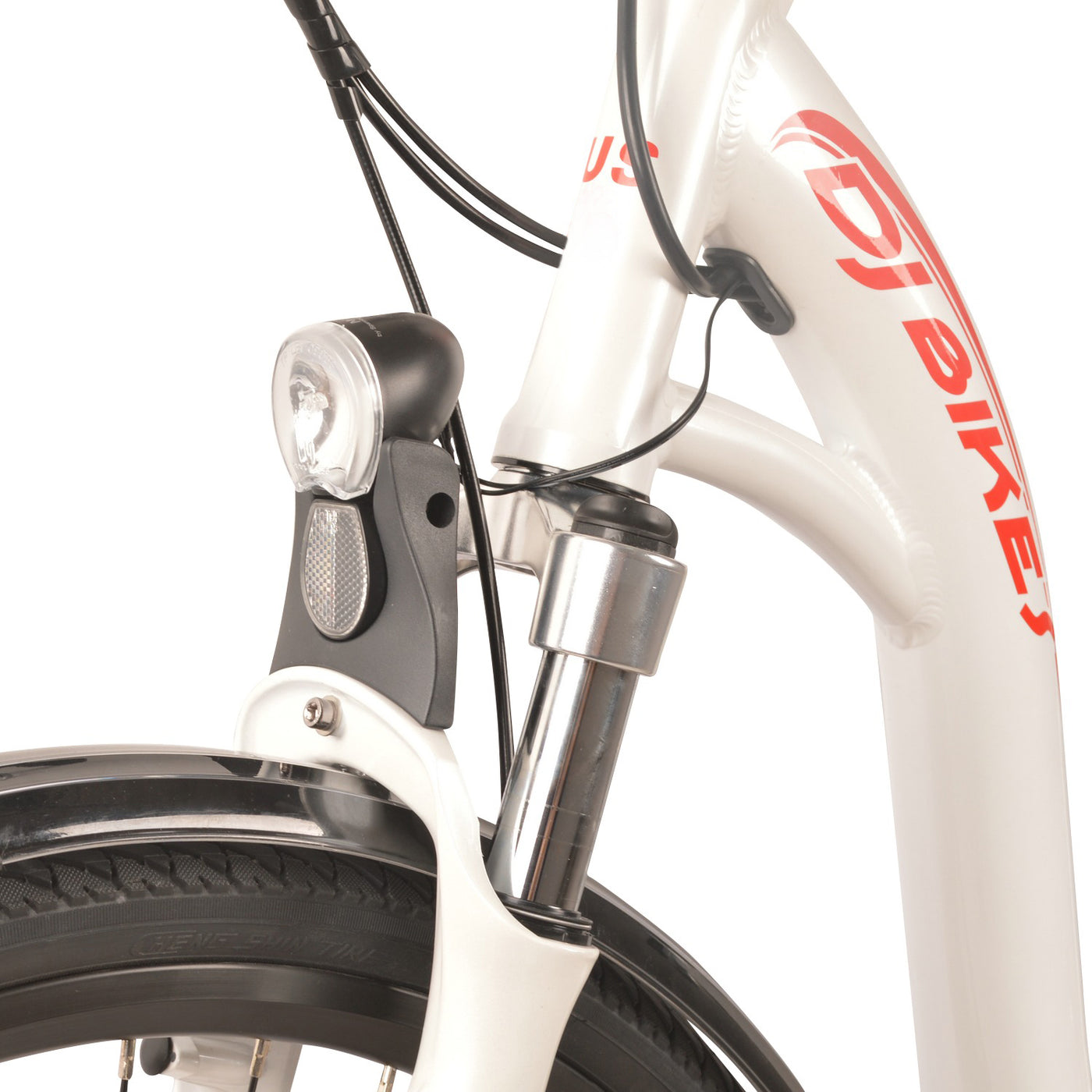 DJ City Bike, electric city bike by DJ bikes, equipped with integrated front headlight