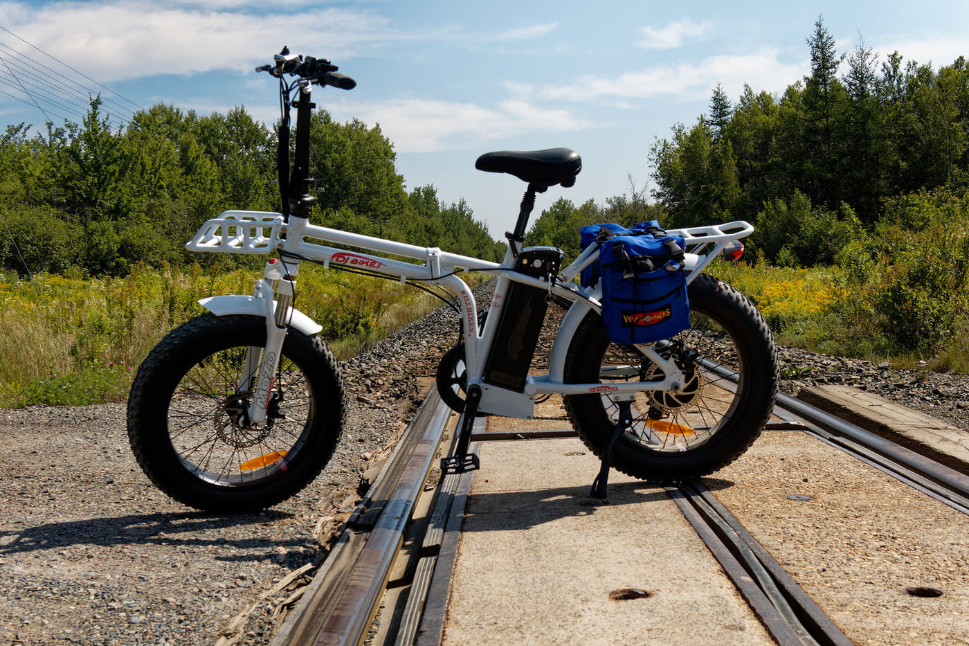 A DJ Folding Bike fat tire e-bike equipped with pannier bag on railway tracks in a wooded area