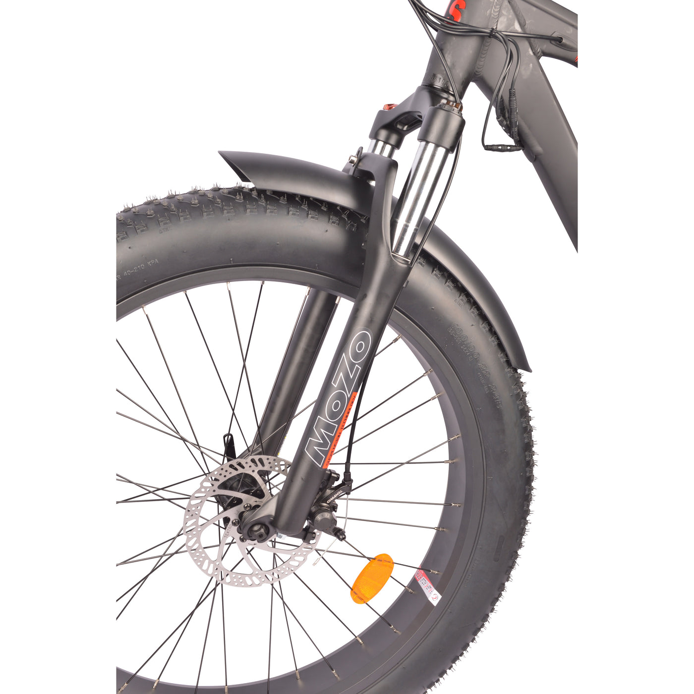 DJ Bikes mid drive ebike equipped with 26” fat tires & lockout preload adjustment suspension fork
